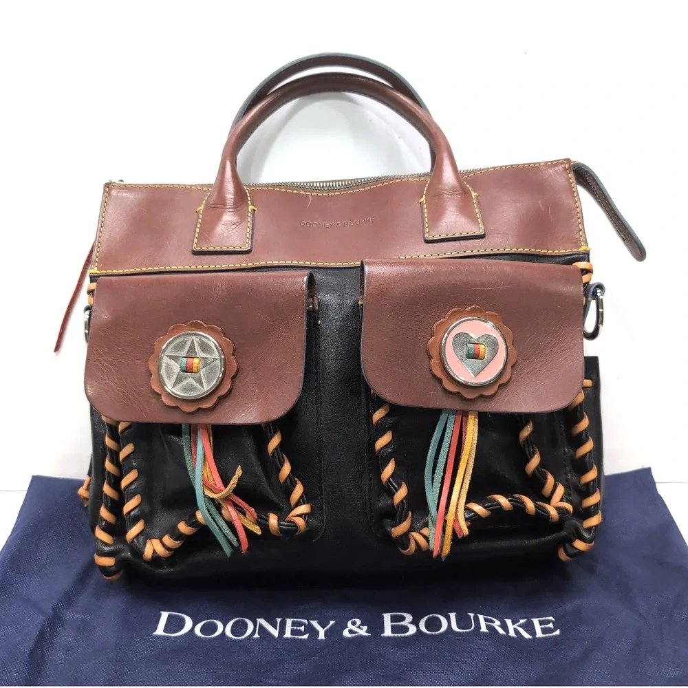 2005 Dooney & Bourke Bolero Western Satchel Black/Brown Leather Conchos Dust Bag
